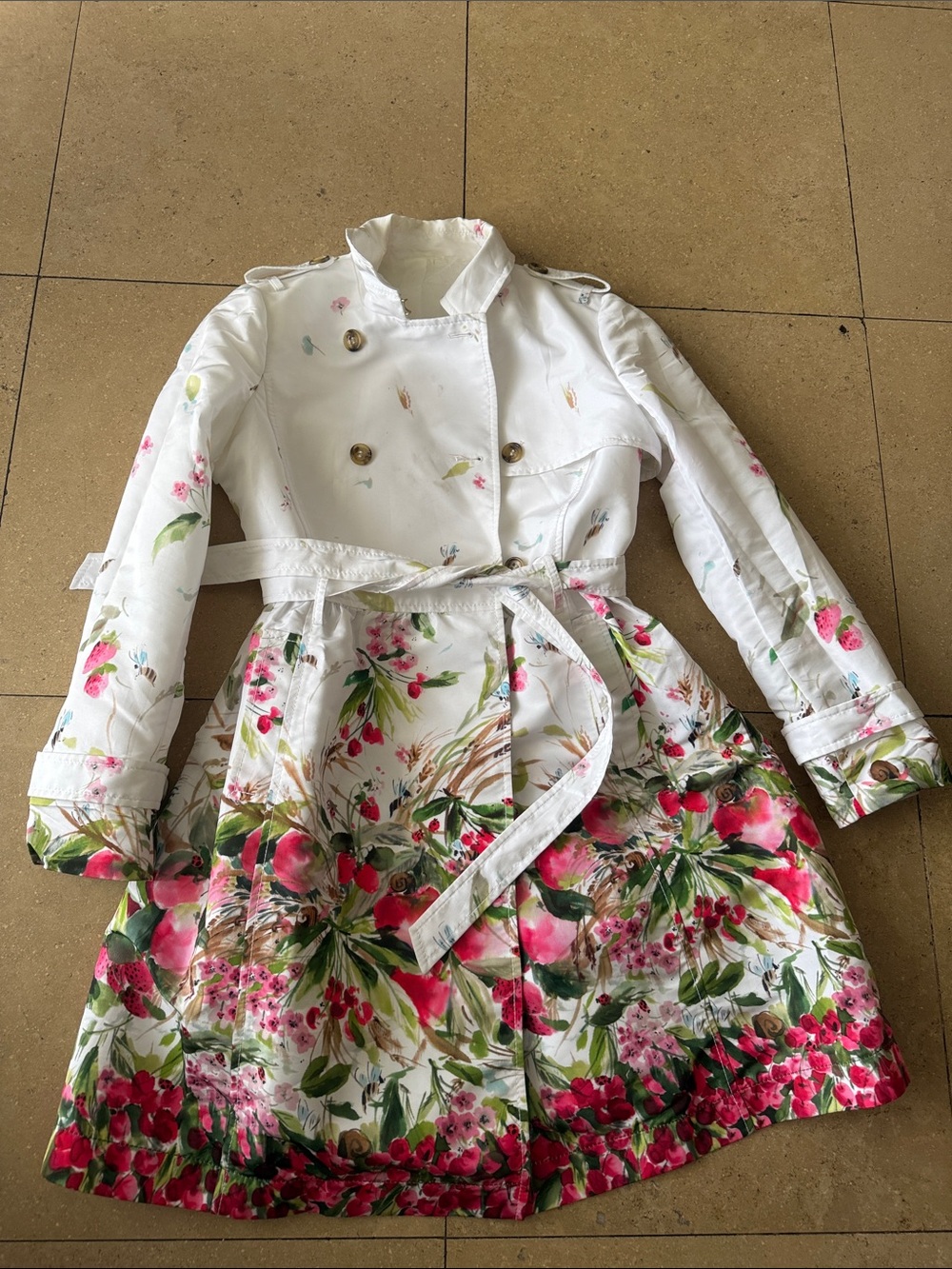 RED Valentino White Floral Belted Trench Coat with Pink & Green Bloom Border